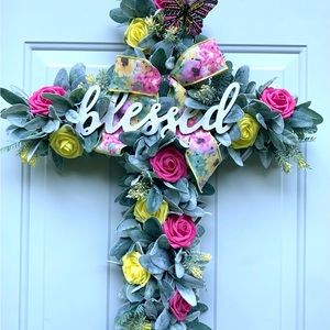 Handmade Cross Shaped Wreath, Religious Decor, Home Decor